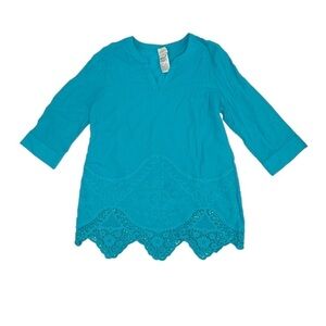 CHICO’s Blue 3/4 Sleeve Scalloped Lace Hem Blouse Size 4 (0 CHICO's) Women’s